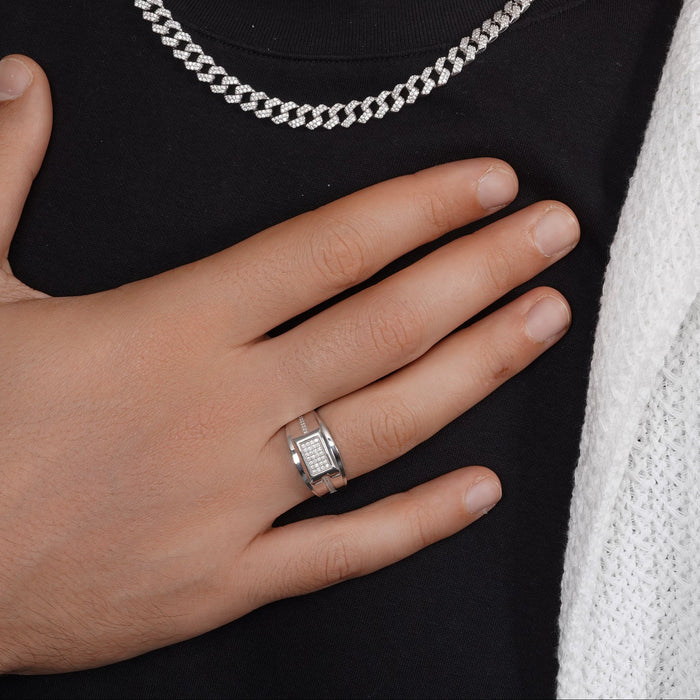 Rhodium Plated 925 Sterling Silver Men's Classic Moissanite Rectangle Top 13mm Ring - MGMR00036