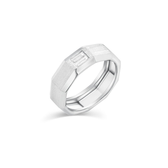 Rhodium Plated 925 Sterling Silver Men's Clear CZ Baguette Textured Edge 7.5mm Ring - TGR00010