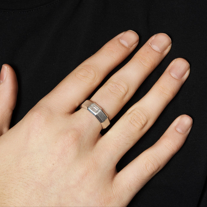 Rhodium Plated 925 Sterling Silver Men's Clear CZ Baguette Textured Edge 7.5mm Ring - TGR00010