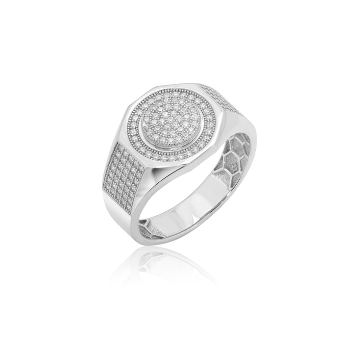 Rhodium Plated 925 Sterling Silver Men's Hexagon Iced Out Round Top Clear CZ Statement Ring - GMR00443