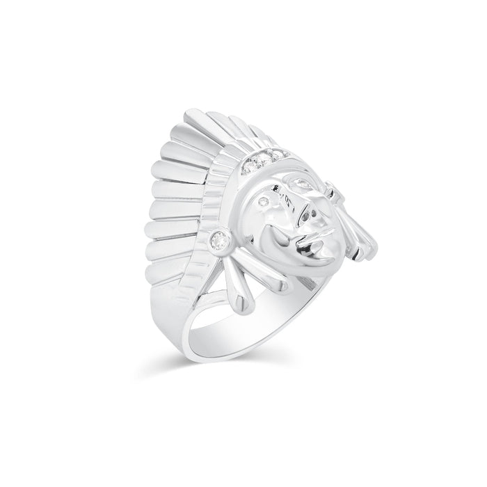 Rhodium Plated 925 Sterling Silver Men's Moissanite Native Chief Head Ring - MGMR00051