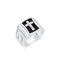 Rhodium Plated 925 Sterling Silver Men's Moissanite Onyx Cross Iced Side Accents Ring - MGMR00054