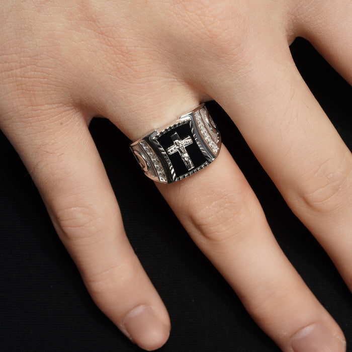 Rhodium Plated 925 Sterling Silver Men's Moissanite Onyx Cross Iced Side Accents Ring - MGMR00054