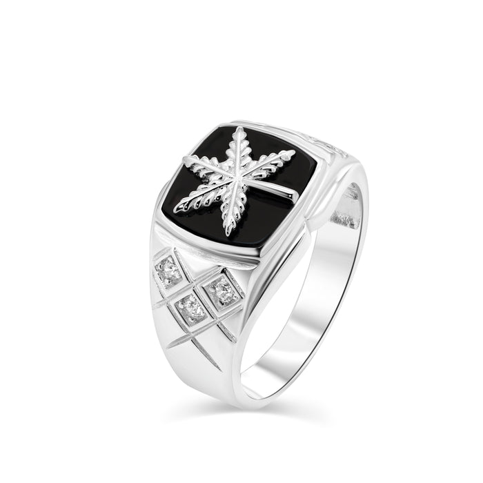 Rhodium Plated 925 Sterling Silver Men's Moissanite or CZ Cannabis Black Onyx Ring - MGMR00423