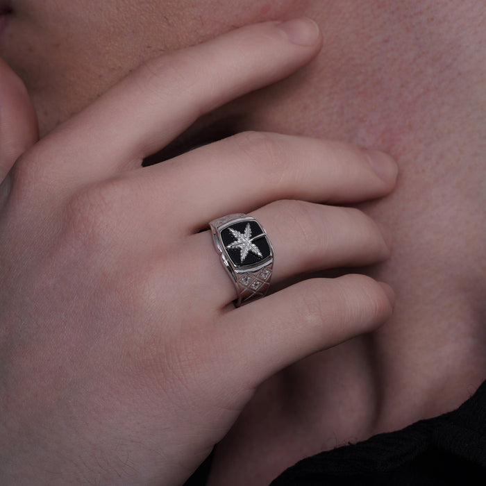 Rhodium Plated 925 Sterling Silver Men's Moissanite or CZ Cannabis Black Onyx Ring - MGMR00423
