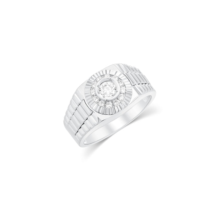Rhodium Plated 925 Sterling Silver Men's Moissanite Radiant Sunburst Signet Ring - MGMR00052
