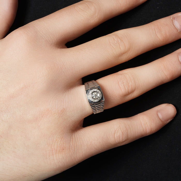 Rhodium Plated 925 Sterling Silver Men's Moissanite Radiant Sunburst Signet Ring - MGMR00052