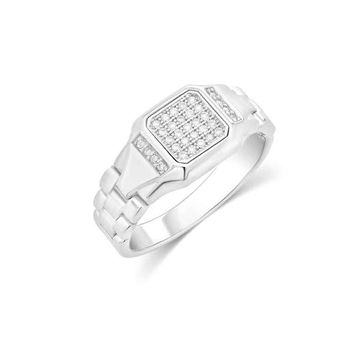 Rhodium Plated 925 Sterling Silver Men's Moissanite Rectangular Pave Bold Link Ring - MGMR00066