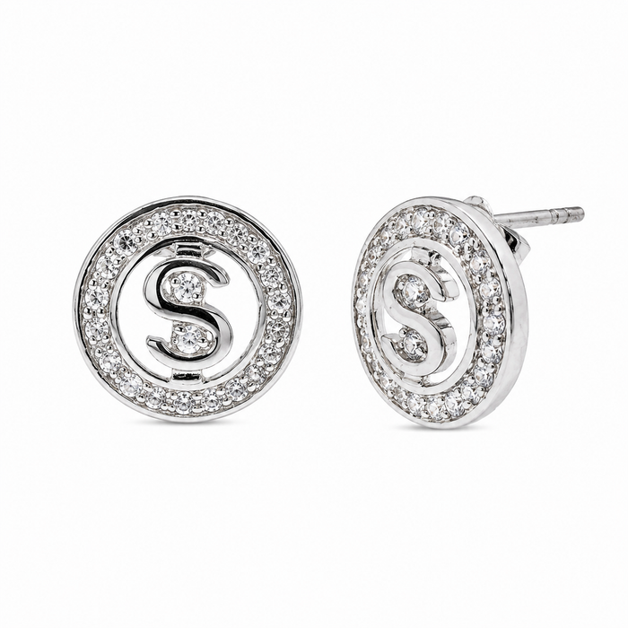Rhodium Plated 925 Sterling Silver Men's Round Dollar Sign CZ Stud Earrings - STEM034