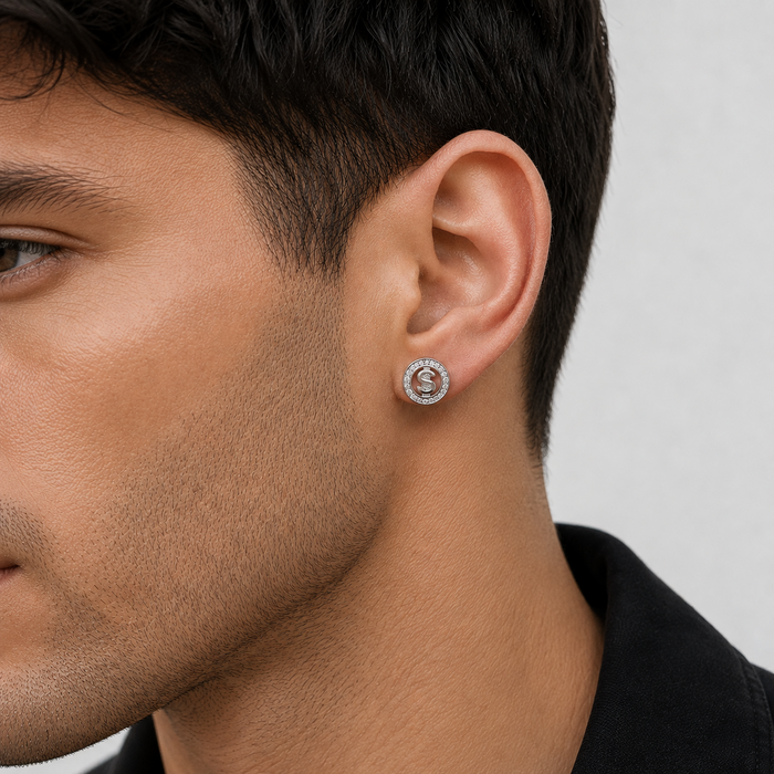 Rhodium Plated 925 Sterling Silver Men's Round Dollar Sign CZ Stud Earrings - STEM034