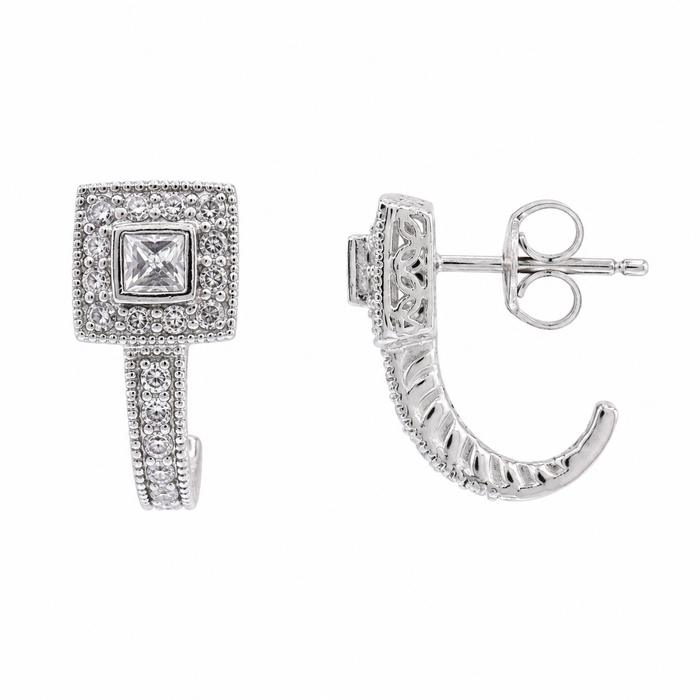 Rhodium Plated 925 Sterling Silver Micro Pave Half Hoop Earring- ACE00003