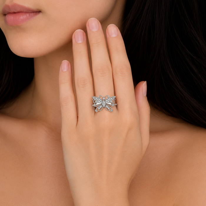 Rhodium Plated 925 Sterling Silver Moissanite Butterfly Cocktail Ring - MGMR00072