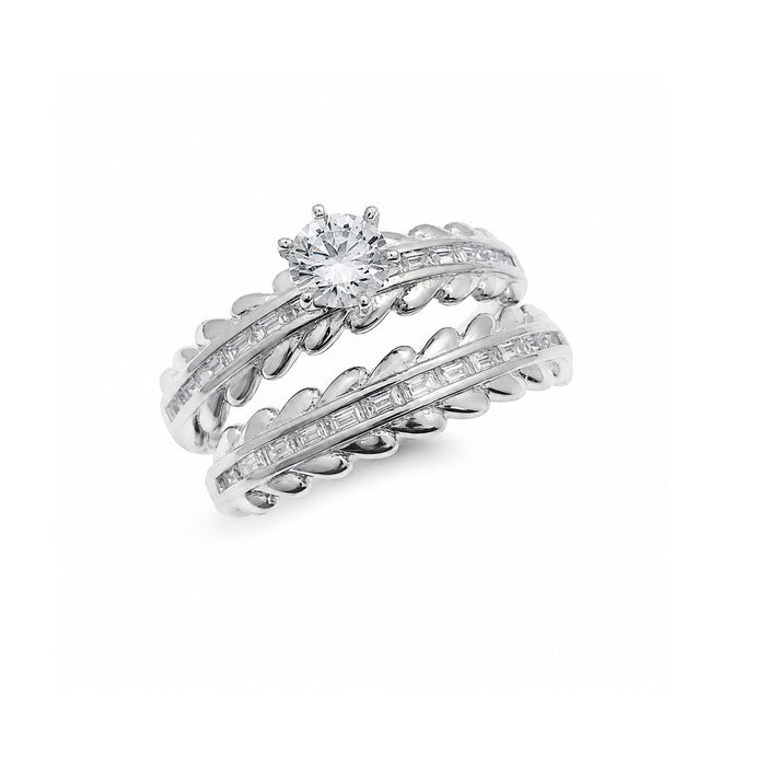 Rhodium Plated 925 Sterling Silver Moissanite Channel Set Baguettes and Leaf Detail Ring - MGMR00061