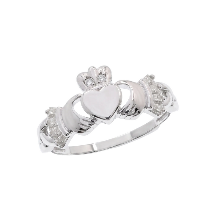 Rhodium Plated 925 Sterling Silver Moissanite Claddagh Ring with Baguette-Cut Stone Accents - MGMR00067