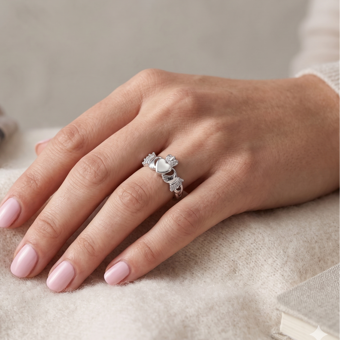Rhodium Plated 925 Sterling Silver Moissanite Claddagh Ring with Baguette-Cut Stone Accents - MGMR00067