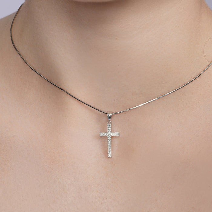 Rhodium Plated 925 Sterling Silver Moissanite Classic Cross Pendant - MGMP00013