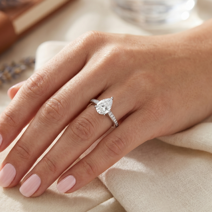 Rhodium Plated 925 Sterling Silver Moissanite Classic Pear-Cut Solitaire Ring - MGMR00063
