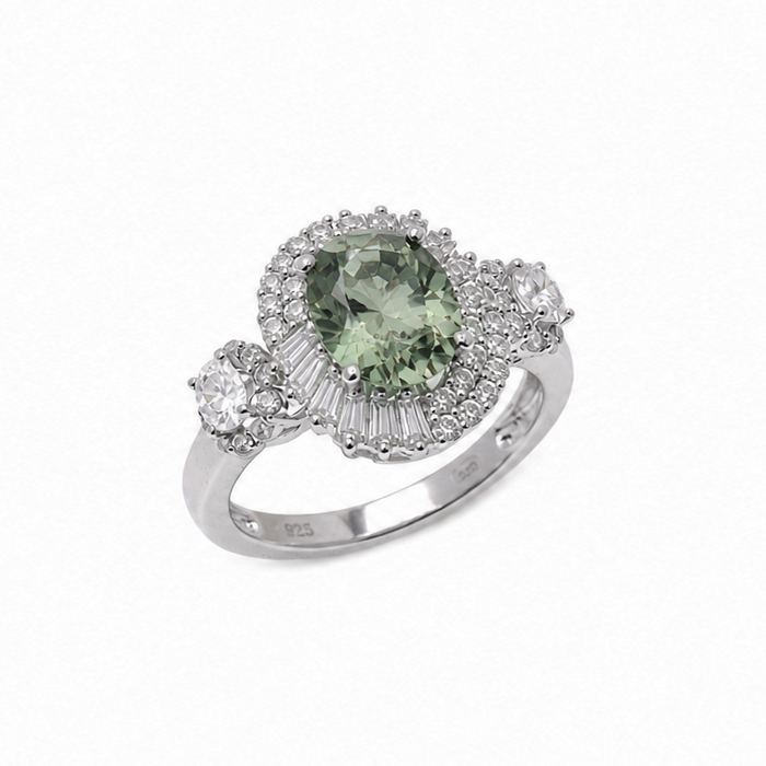 Rhodium Plated 925 Sterling Silver Moissanite Cushion Cut Halo 3-Stone Statement Ring - MGMR00057
