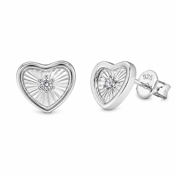 Rhodium Plated 925 Sterling Silver Moissanite Diamond Cut Heart Stud Earrings - MTGE00030