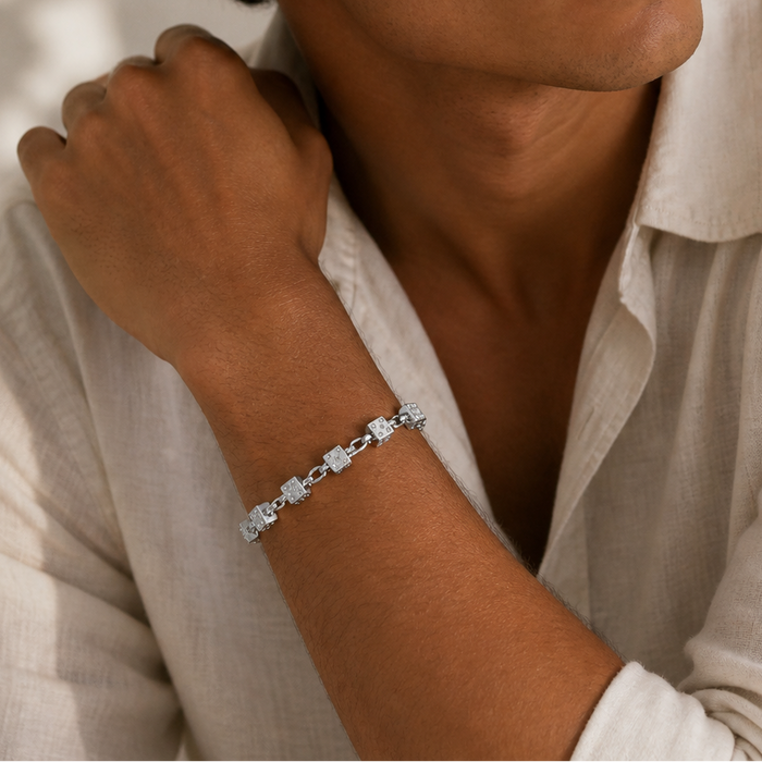 Rhodium Plated 925 Sterling Silver Moissanite Dice Charm Bracelet - MGMB00117