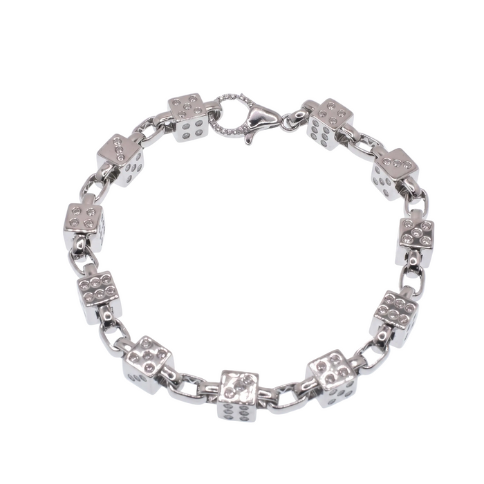 Rhodium Plated 925 Sterling Silver Moissanite Dice Charm Bracelet - MGMB00117