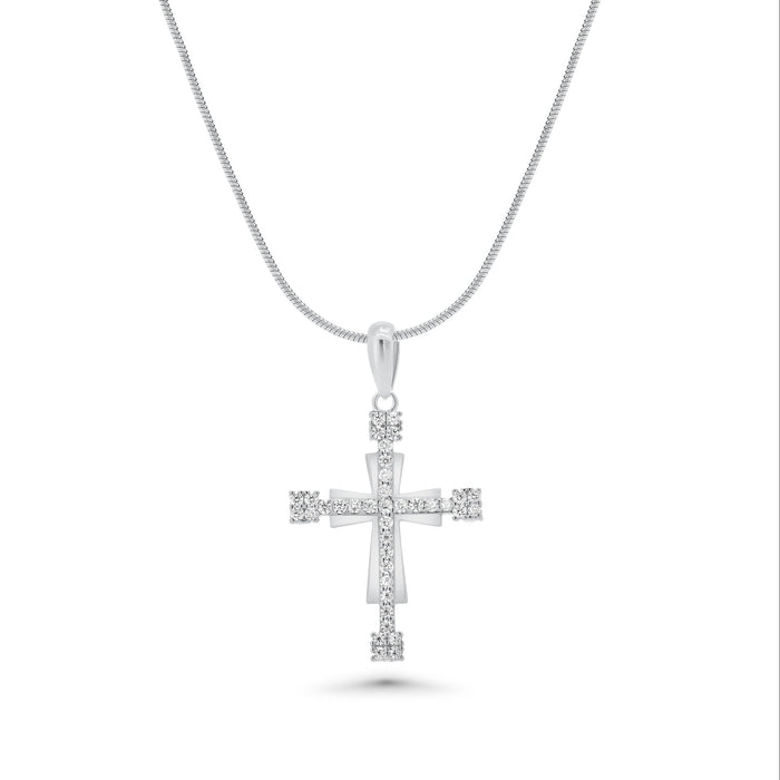 Rhodium Plated 925 Sterling Silver Moissanite Double Layer Cross Pendant - MGMP00009