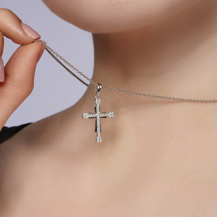 Rhodium Plated 925 Sterling Silver Moissanite Double Layer Cross Pendant - MGMP00009