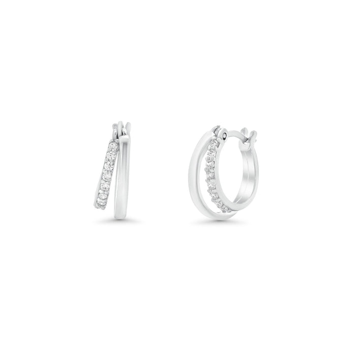 Rhodium Plated 925 Sterling Silver Moissanite Double Row Clear Hoop Earring - MTGE00025