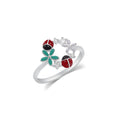 Rhodium Plated 925 Sterling Silver Moissanite Enamel Lady Bug and Flower Ring - MGMR00065