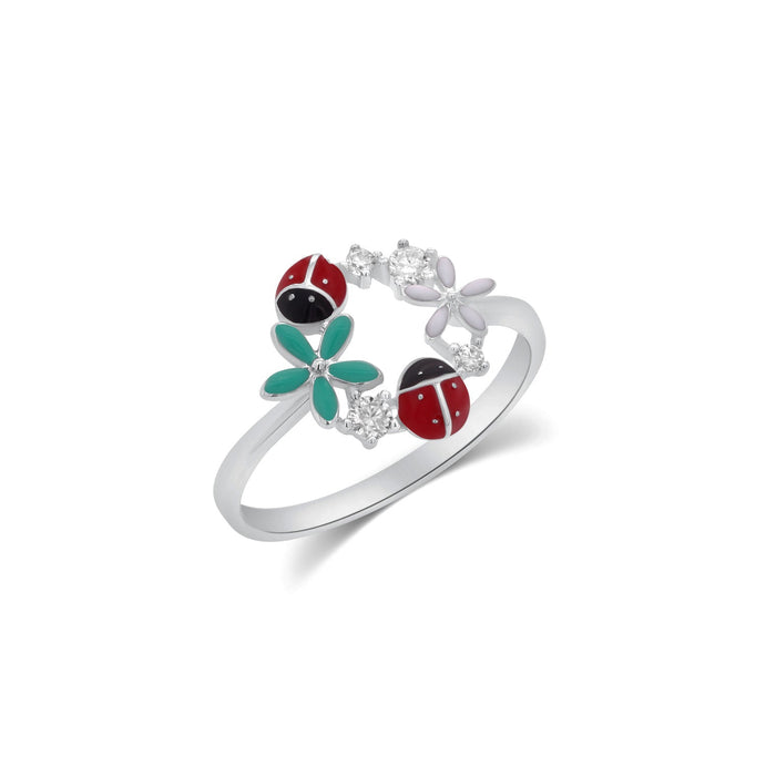 Rhodium Plated 925 Sterling Silver Moissanite Enamel Lady Bug and Flower Ring - MGMR00065