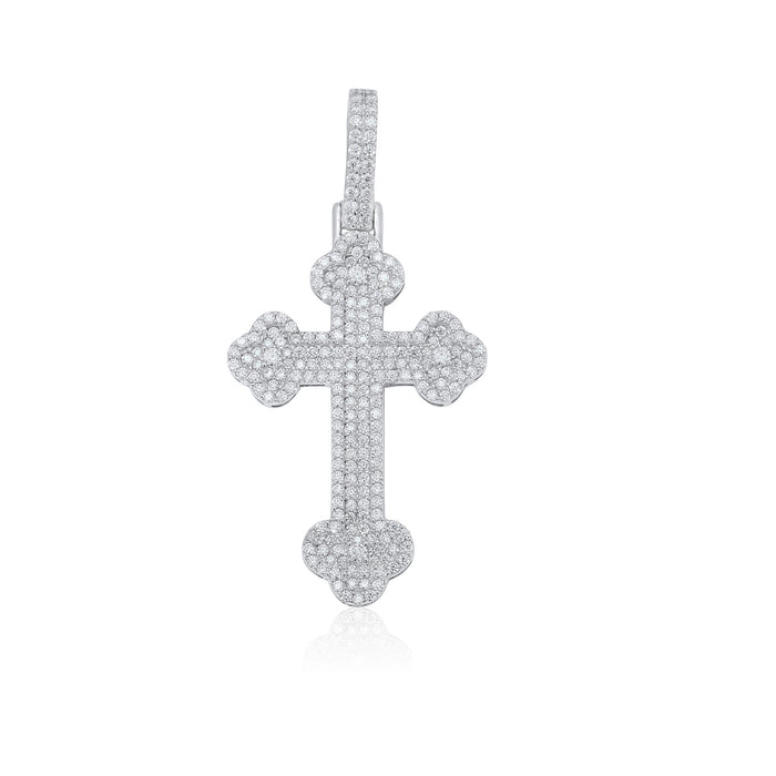 Rhodium Plated 925 Sterling Silver Moissanite Fleur-De-Lis Cross Encrusted 24.5mm x 37.6mm Pendant - MGMP00002