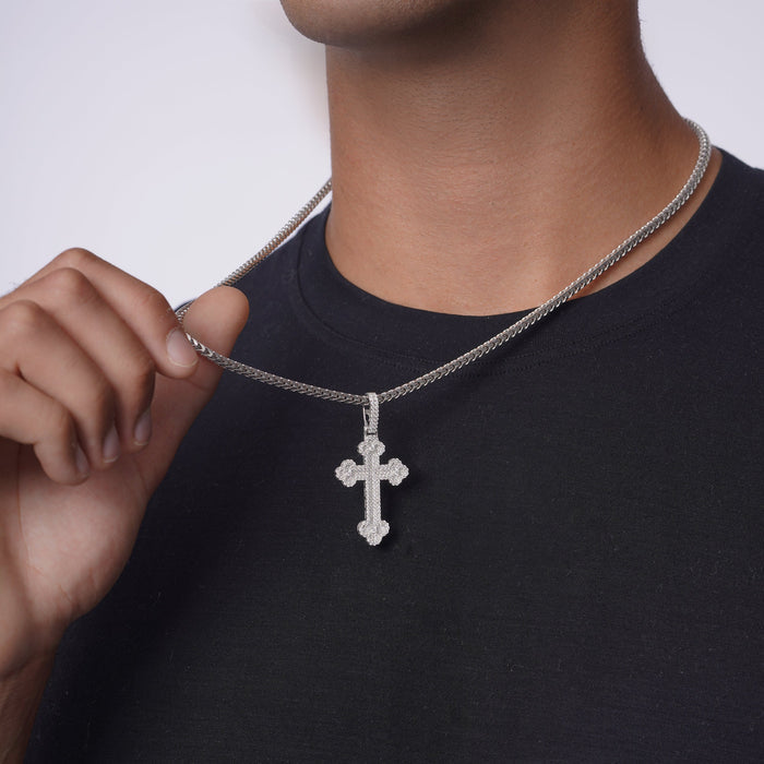 Rhodium Plated 925 Sterling Silver Moissanite Fleur-De-Lis Cross Encrusted 24.5mm x 37.6mm Pendant - MGMP00002