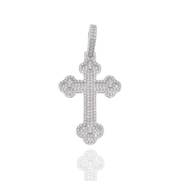 Rhodium Plated 925 Sterling Silver Moissanite Fleur-De-Lis Cross Encrusted 24.5mm x 37.6mm Pendant - MGMP00002
