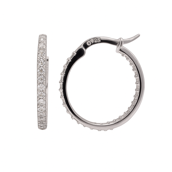 Rhodium Plated 925 Sterling Silver Moissanite Hoop Half Studded 19mm Latch Back Earring - MDGE00019
