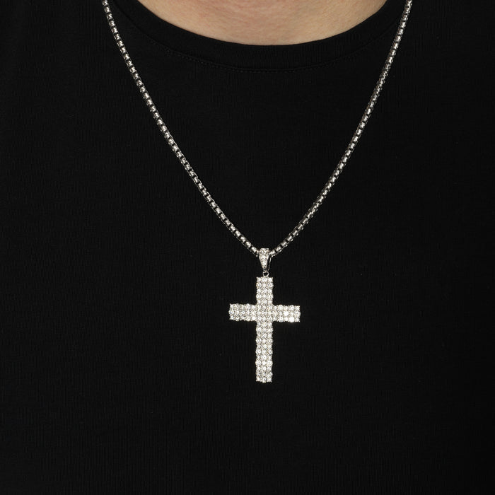 Rhodium Plated 925 Sterling Silver Moissanite Iced Out Cross Pendant - MGMP00008