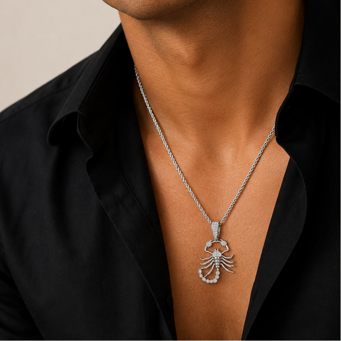 Rhodium Plated 925 Sterling Silver Moissanite Iced Scorpion Pendant - MGMP00023