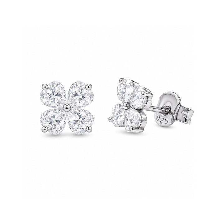 Rhodium Plated 925 Sterling Silver Moissanite Lucky Clover Stud Earrings - MTGE00034