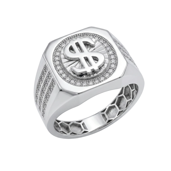Rhodium Plated 925 Sterling Silver Moissanite Men's Dollar Sign Pave Halo Ring - MGMR00044