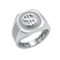 Rhodium Plated 925 Sterling Silver Moissanite Men's Dollar Sign Pave Halo Ring - MGMR00044