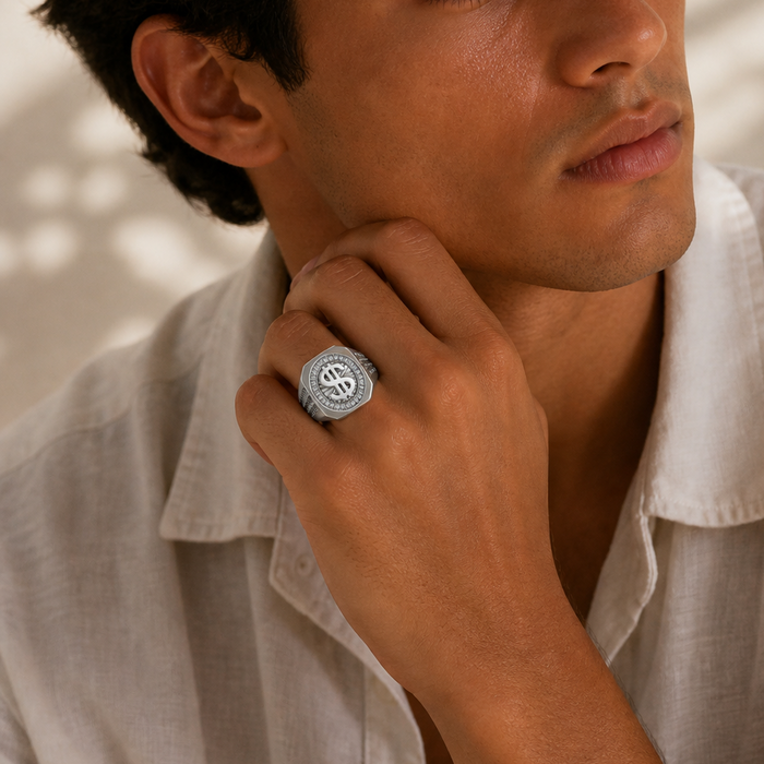 Rhodium Plated 925 Sterling Silver Moissanite Men's Dollar Sign Pave Halo Ring - MGMR00044