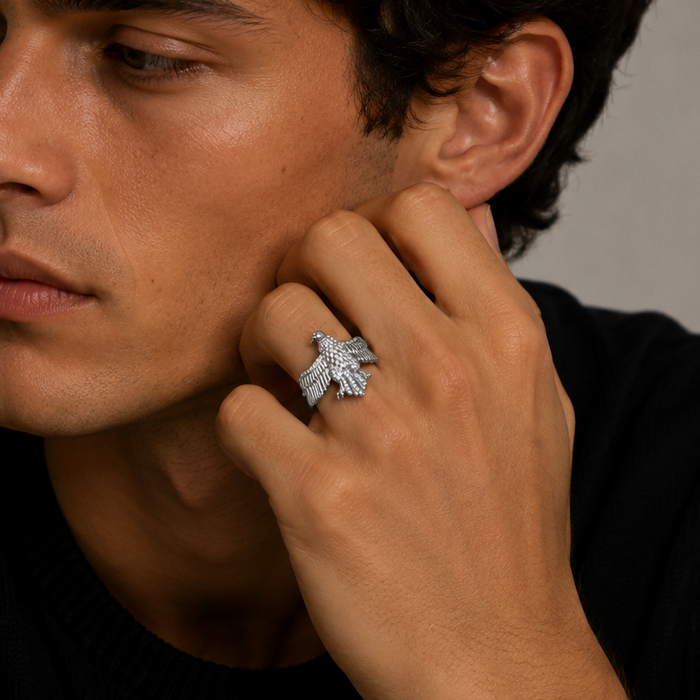 Rhodium Plated 925 Sterling Silver Moissanite Men's Eagle Statement Ring - MGMR00049