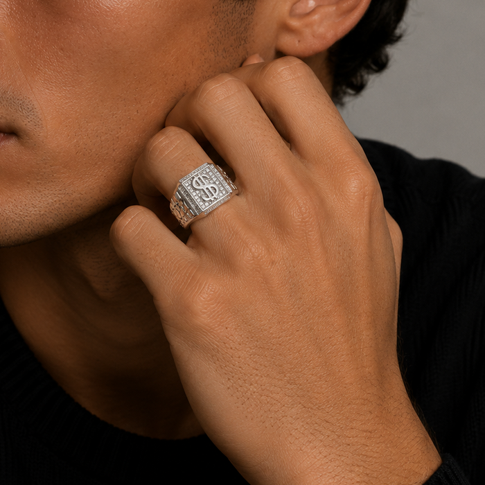 Rhodium Plated 925 Sterling Silver Moissanite Men's Iced Dollar Sign Statement Ring - MGMR00043