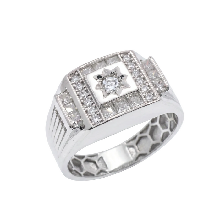 Rhodium Plated 925 Sterling Silver Moissanite Men's Statement Radiant Signet Ring - MGMR00045