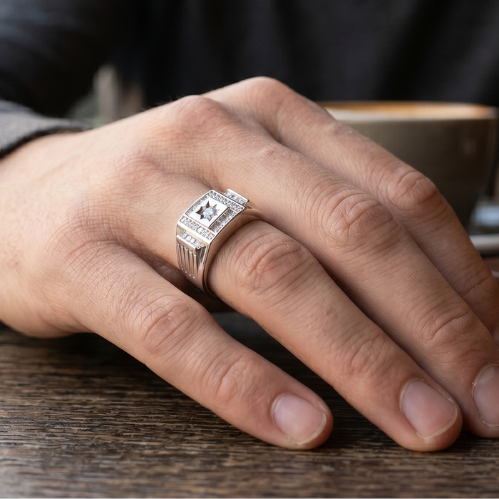 Rhodium Plated 925 Sterling Silver Moissanite Men's Statement Radiant Signet Ring - MGMR00045