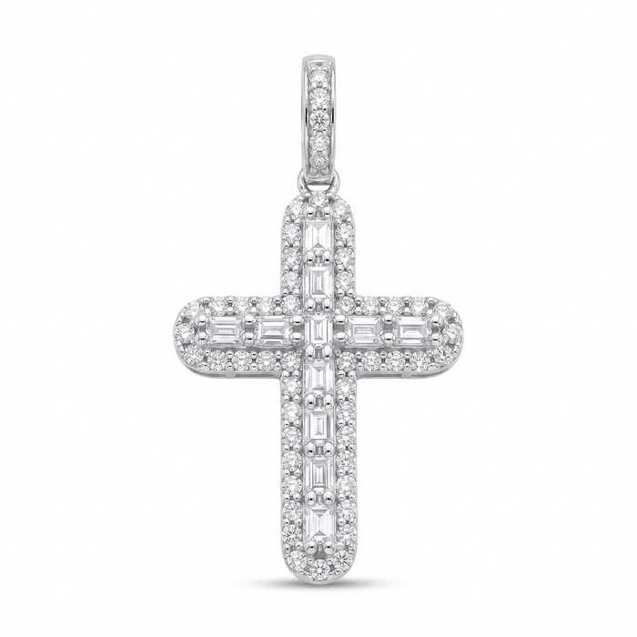 Rhodium Plated 925 Sterling Silver Moissanite Multi Color Baguette Pave Cross Pendant - MGMP00011