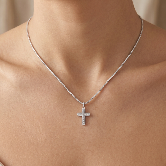 Rhodium Plated 925 Sterling Silver Moissanite Multi Color Baguette Pave Cross Pendant - MGMP00011