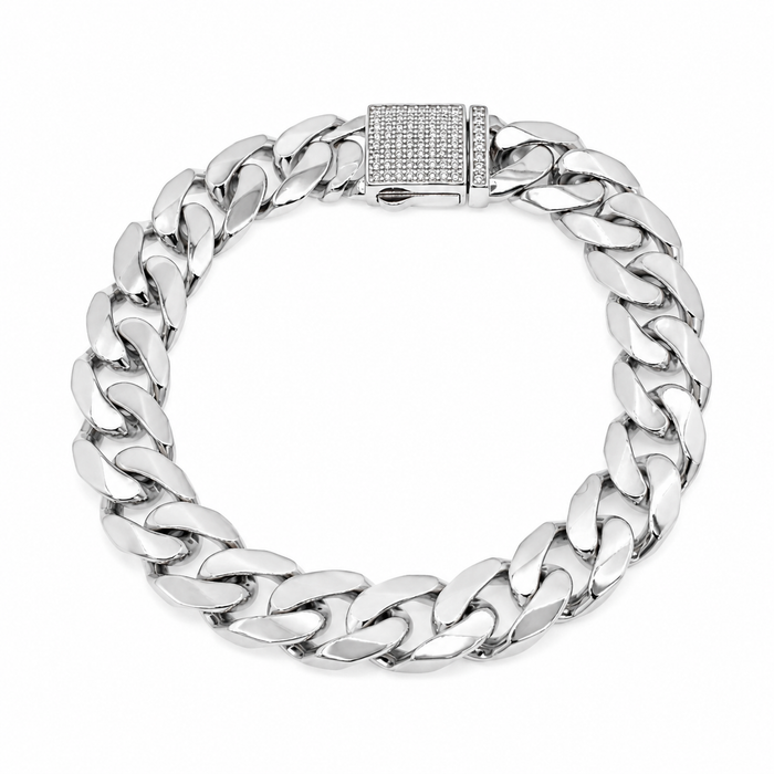 Rhodium Plated 925 Sterling Silver Moissanite on Lock Classic Cuban Link 12mm Bracelet - MTGB00012