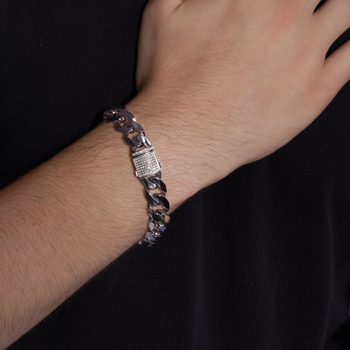 Rhodium Plated 925 Sterling Silver Moissanite on Lock Classic Cuban Link 12mm Bracelet - MTGB00012
