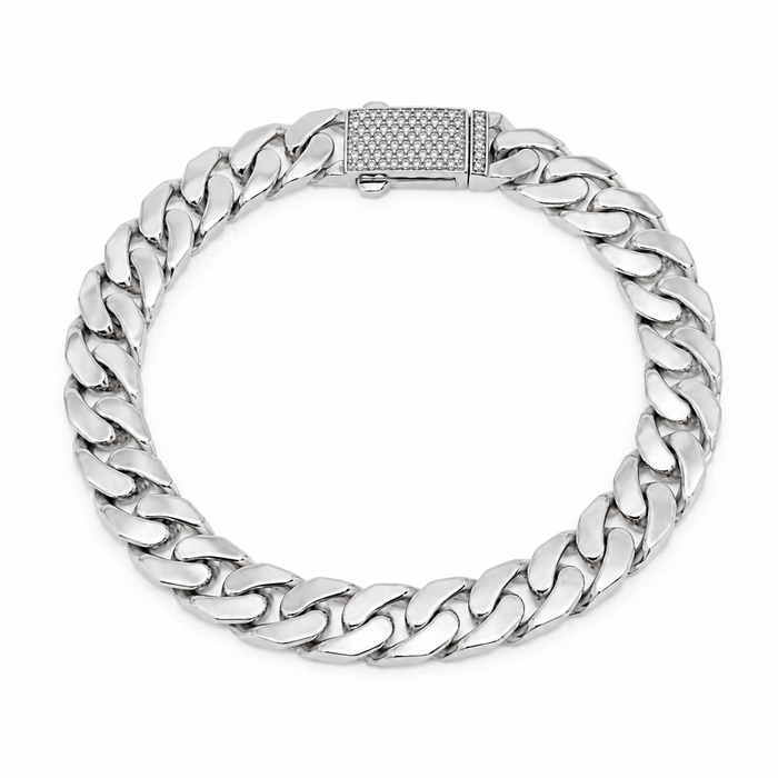 Rhodium Plated 925 Sterling Silver Moissanite on Lock Flat Cuban Link 10mm Bracelet - MTGB00011