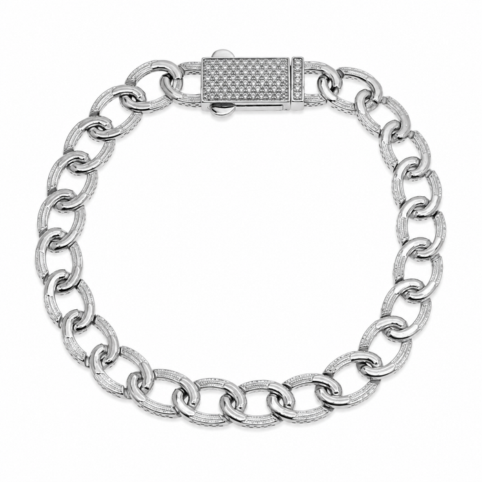 Rhodium Plated 925 Sterling Silver Moissanite on Lock Oval Link 8.5mm Bracelet - MTGB00013